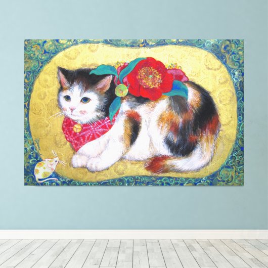 Mameneko: The Camellia Kitten Canvas Afdruk (Insitu (Houten vloer))
