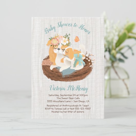 Mamma hond & baby puppy babyshower uitnodigingen (Staand voorkant)