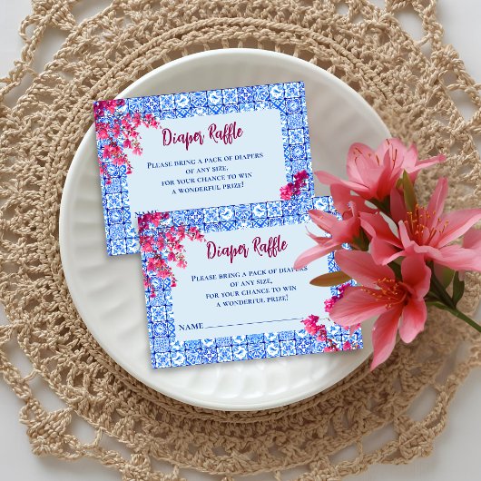 Mamma Mia Blue Tile Pink Flower Diaper Raffle Game Informatiekaartje