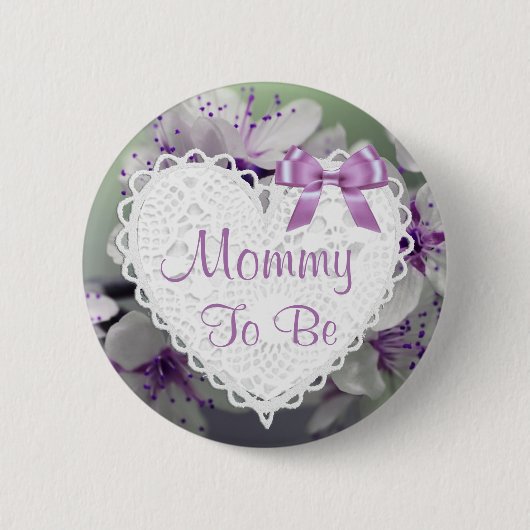 Mamma om Paarse bloesems Baby shower Button te zij (Voorkant)