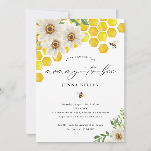 Mammie aan Bijen, Honey Bee & Daisies Baby shower Kaart (Voorkant)