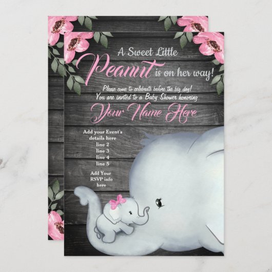 Mammie Baby Elephant Baby shower Invitation, rusti Kaart (Voorkant / Achterkant)