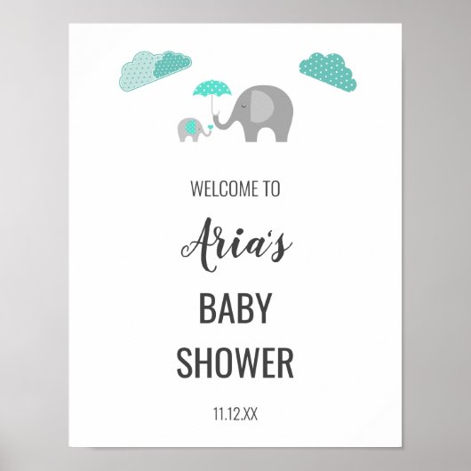 Mammie Baby Elephant Clouds Baby shower Welkom Poster (Voorkant)