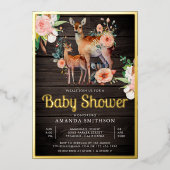 Mammie Baby Floral Deer Wood Baby shower Gold Folie Uitnodiging (Voorkant)