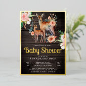 Mammie Baby Floral Deer Wood Baby shower Gold Folie Uitnodiging (Staand Voorkant)