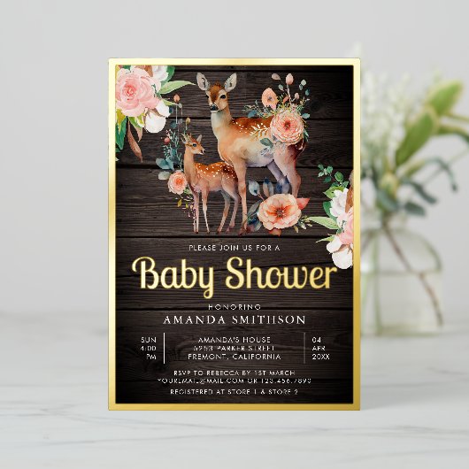 Mammie Baby Floral Deer Wood Baby shower Gold Folie Uitnodiging (Staand Voorkant)