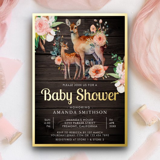 Mammie Baby Floral Deer Wood Baby shower Gold Folie Uitnodiging