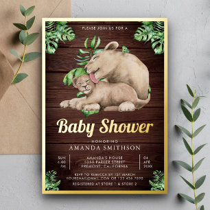Mammie Baby Lion Cub Oerwoud Baby shower Gold Folie Uitnodiging