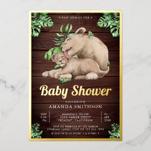 Mammie Baby Lion Cub Oerwoud Baby shower Gold Folie Uitnodiging (Voorkant)
