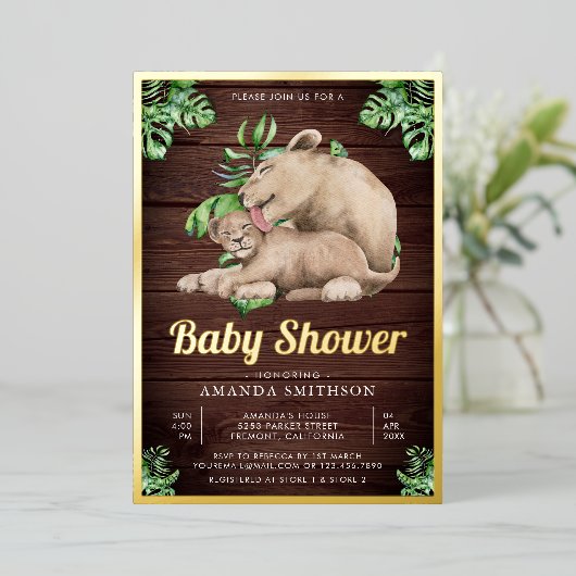 Mammie Baby Lion Cub Oerwoud Baby shower Gold Folie Uitnodiging (Staand Voorkant)