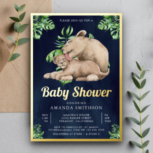Mammie Baby Lion Cub Oerwoud Navy Baby shower Gold Folie Uitnodiging