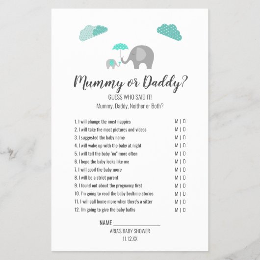 Mammie Baby olifant met wolken Mummy/papa Game Flyer (Voorkant)
