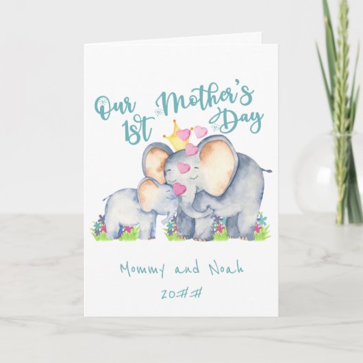 Mammie en Baby Elephant Blauwgroen 1e Moederdag Ka Feestdagen Kaart (Voorkant)