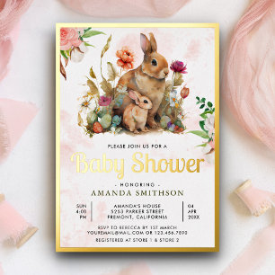 Mammie en Baby Floral Bunny Baby shower Gold Foil Folie Uitnodiging