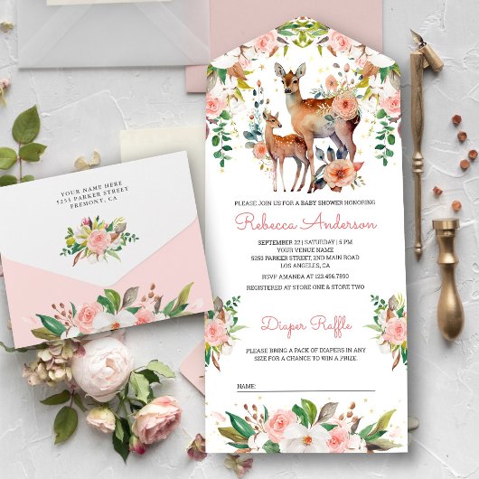 Mammie en Baby Floral Deer Baby shower All In One Uitnodiging