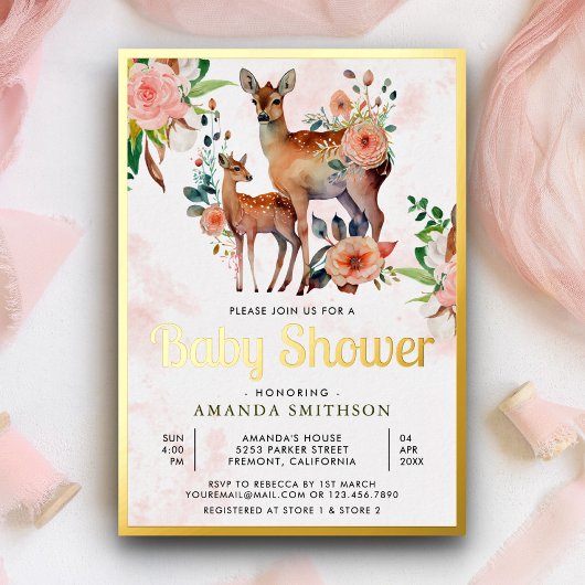 Mammie en Baby Floral Deer Baby shower Gold Folie Uitnodiging