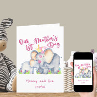 Mammie en Baby olifant Roze Kaart van de eerste Mo