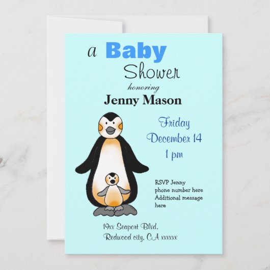 Mammie en baby pinguïn, baby shower kaart (Voorkant)