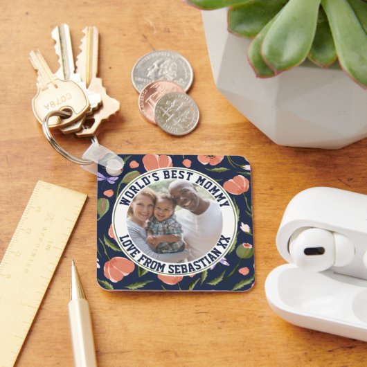 Mammie Gepersonaliseerd fotosjabloon bloem Sleutelhanger (Bureau)