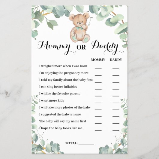 Mammie of papa Beer Greenery Baby shower Game Card Flyer (Voorkant)