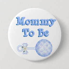 Mammie om een baby blauwe baby shower Button te zi