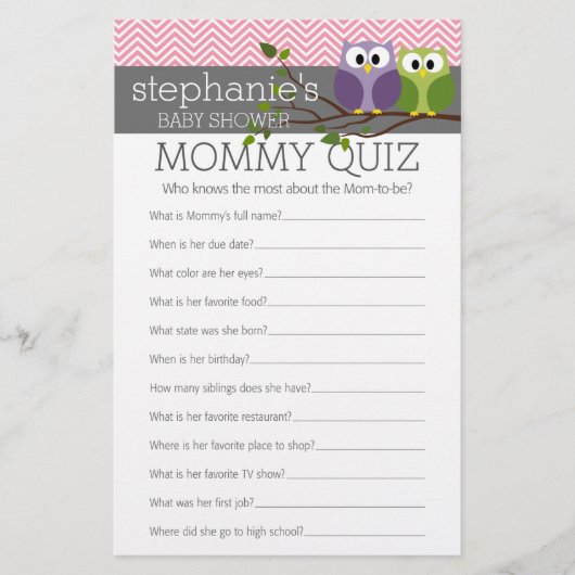 Mammie Quiz Shower Games Roze Owls Baby Girl (Voorkant)