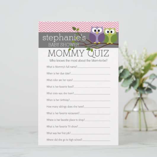 Mammie Quiz Shower Games Roze Owls Baby Girl (Staand voorkant)