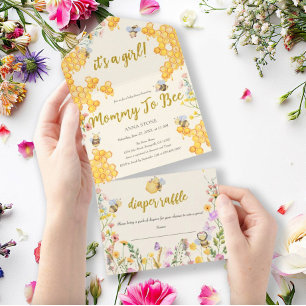 Mammie voor Bij Bloem Bijenmeisje Baby Shower All In One Uitnodiging