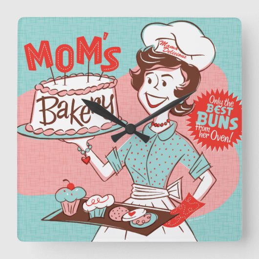 Mam's Bakery Retro Wall Clock Vierkante Klok (Voorkant)
