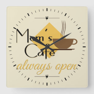 Mam's cafe altijd open vierkante klok