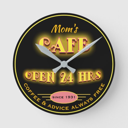 Mam's cafe Open 24 uur Faux Retro Neon - Ronde Klok (Voorkant)