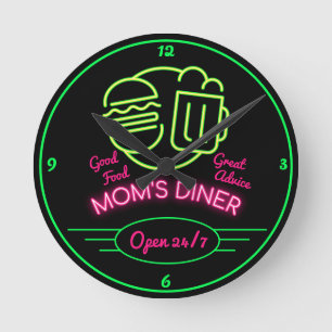 Mam's Diner Open 24/7 Retro Fifties Neon Effect Ronde Klok