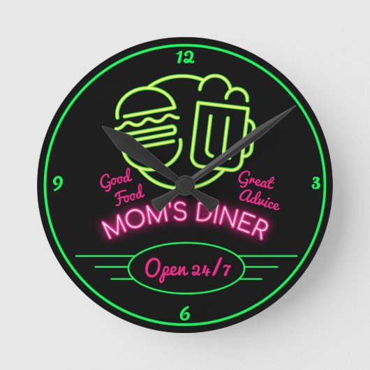 Mam's Diner Open 24/7 Retro Fifties Neon Effect Ronde Klok (Voorkant)