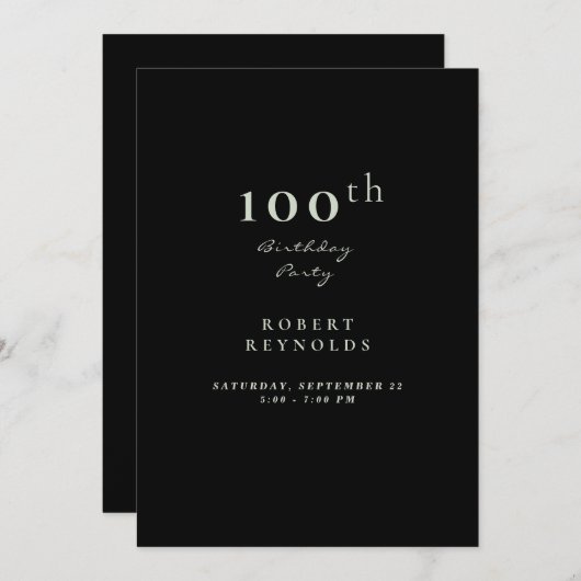 Man 100e verjaardag Eenvoudige zwarte uitnodiging (Voorkant / Achterkant)