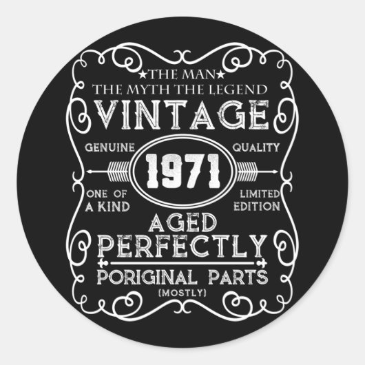  Man 1971: Myth Legend 50th Birthday Ronde Sticker (Voorkant)
