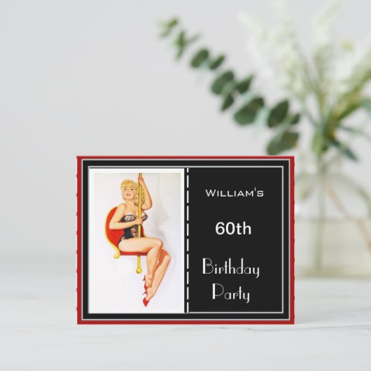 Man 60e verjaardagsfeestje Uitnodiging Red Pin-up (Staand voorkant)