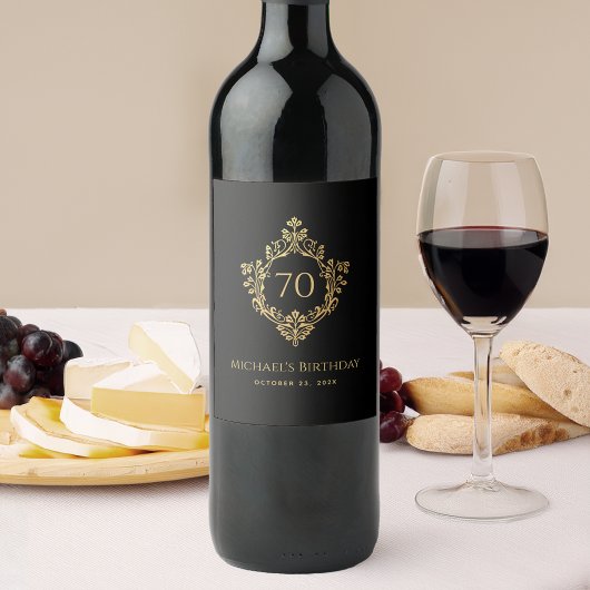 Man 70e Verjaardag Elegant  Zwart Goud Crest Wijn Etiket