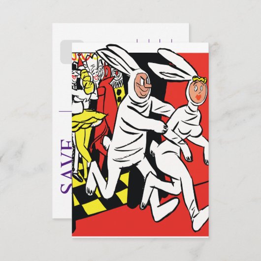 Man achtervolgen van een vrouw, gemaskerde bal, ko save the date (Voorkant / Achterkant)