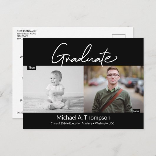 Man Afstuderen Script Toen en Nu Afstudeerder Foto Aankondigingskaart (Voorkant / Achterkant)