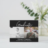 Man Afstuderen Script Toen en Nu Afstudeerder Foto Aankondigingskaart (Staand voorkant)