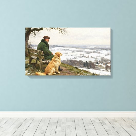 Man and Dog Enjoying Winter Countryside Vista Canvas Afdruk (Insitu (Houten vloer))