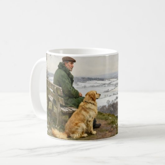 Man and Dog Enjoying Winter Countryside Vista Koffiemok (Voorkant links)