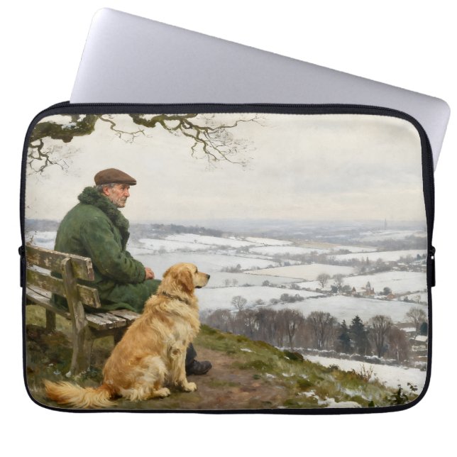 Man and Dog Enjoying Winter Countryside Vista Laptop Sleeve (Voorkant)