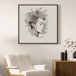 Man Black Line Art met Flower Boho-stijl Perfect Poster