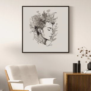 Man Black Line Art met Flower Boho-stijl Perfect Poster