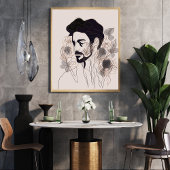 Man Black Line Art met Flower Boho-stijl Poster