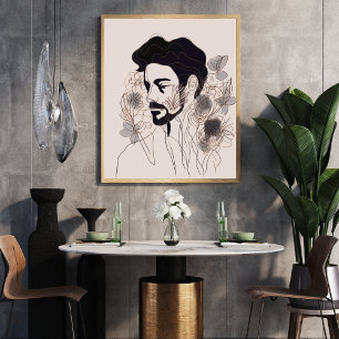 Man Black Line Art met Flower Boho-stijl Poster