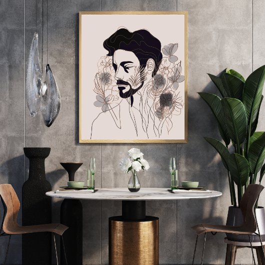 Man Black Line Art met Flower Boho-stijl Poster