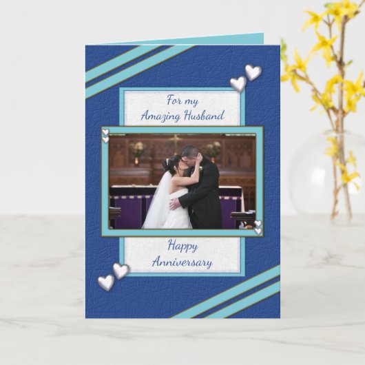 Man blauw Bruiloft Jubileum foto groet Kaart (Gele Bloem)