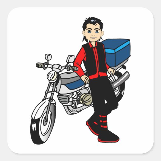 Man Boy motorfiets rijder cartoon Vierkante Sticker (Voorkant)